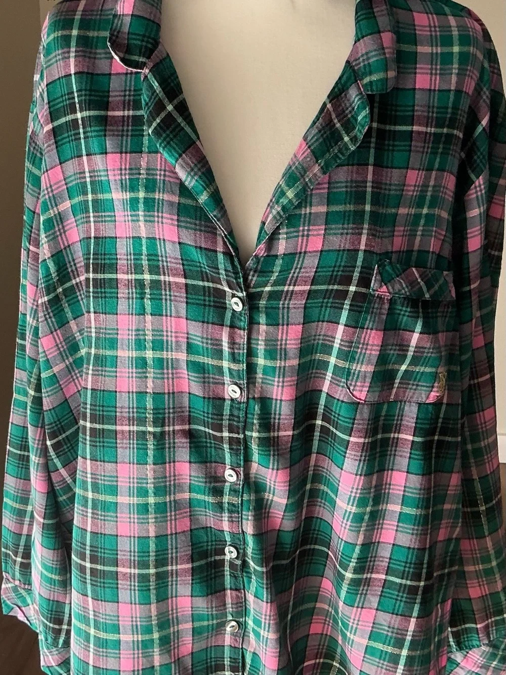 Victoria's Secret Green and Pink Plaid Button-Down Shirt